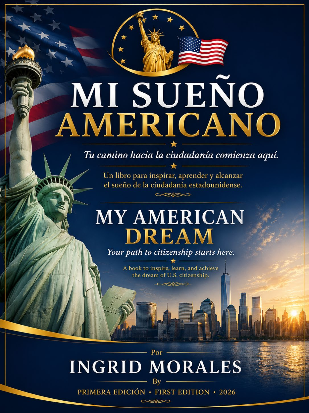 Portada bilingüe de Mi Sueño Americano y My American Dream, de Ingrid Morales, con la Estatua de la Libertad y el skyline de Nueva York en azul y dorado.